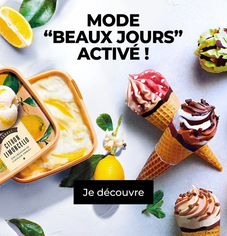 Amateurs de sorbets et de crèmes glacées, découvrez nos créations glacées :  cornets, bâtonnets, bacs, pots, barres glacées ou Sunday