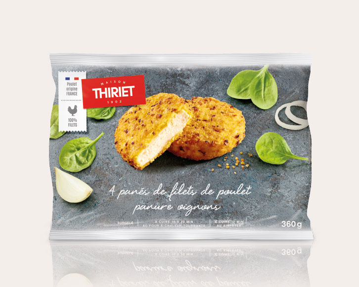 Viandes, volailles - Viandes panées - Poulet - 4 panés de filet de poulet panure oignons