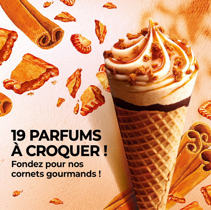 Fondez pour nos cornets premiums gourmands avec 19 parfums à croquer : vanille, chocolat, caramel, pistache, fruits…