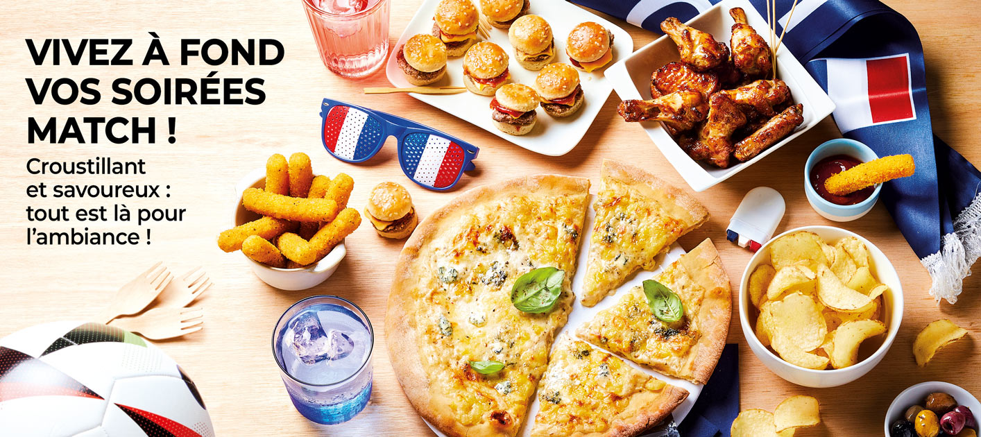 Pour vos soirées match de foot, découvrez notre sélection de plats à partager entre amis : pizzas, cheeseburger, ailes de poulets, chips, nems, nuggets