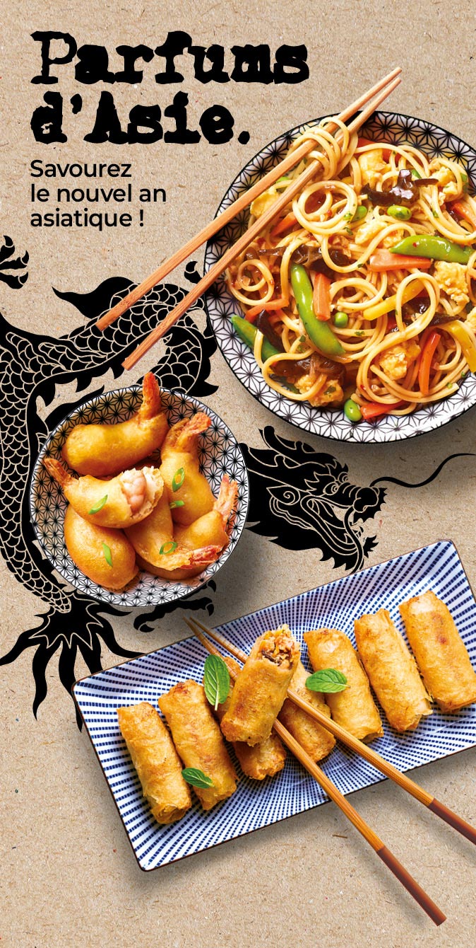 Faites voyager vos papilles pendant le nouvel an asiatique avec la Maison Thiriet : nems, samossa, crevettes, yakitori, nouilles sautées, légumes wok, riz, etc.