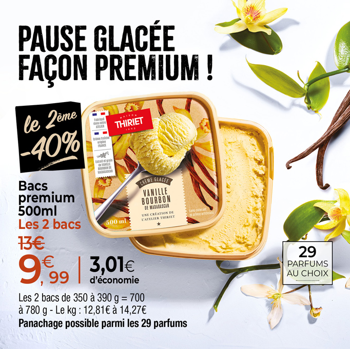 Amateurs de sorbets et de crèmes glacées, découvrez notre large sélection de parfums disponibles dans notre gamme de bacs premium