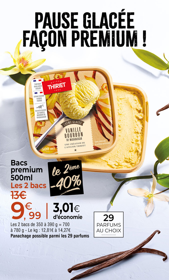 Amateurs de sorbets et de crèmes glacées, découvrez notre large sélection de parfums disponibles dans notre gamme de bacs premium