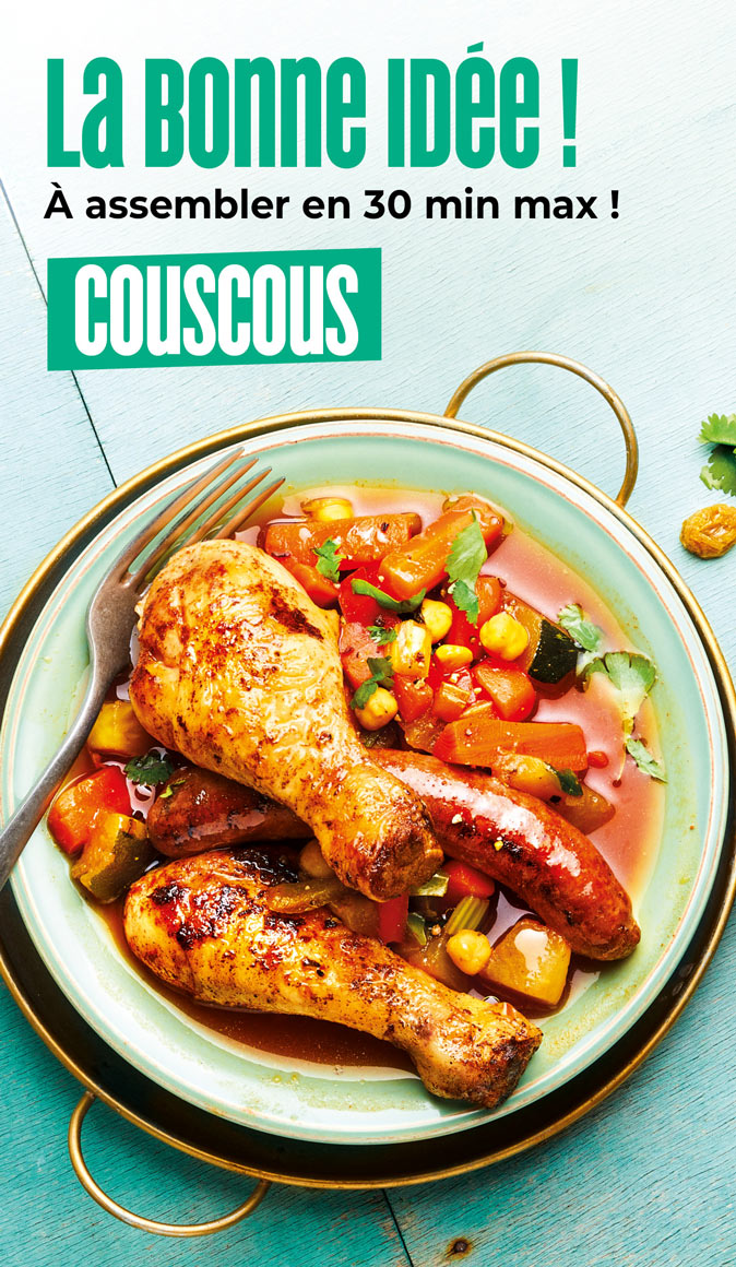 Découvrez la bonne idée recette de la Maison Thiriet : un couscous aux légumes, poulet et merguez, prêt en moins de 30 minutes