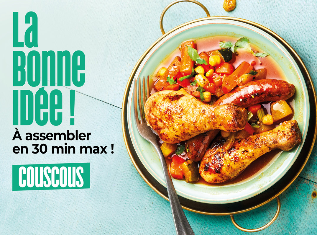 Découvrez la bonne idée recette de la Maison Thiriet : un couscous aux légumes, poulet et merguez, prêt en moins de 30 minutes