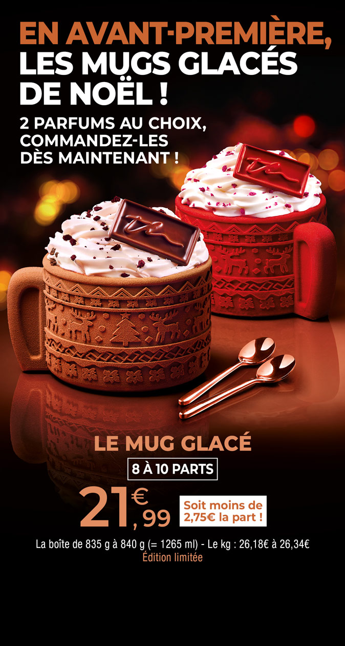 Découvrez en avant-première les mugs glacés en édition limitée, stars gourmandes de la Maison Thiriet, à partager et à savourer en deux parfums au choix : chocolat, vanille, caramel et framboise, vanille