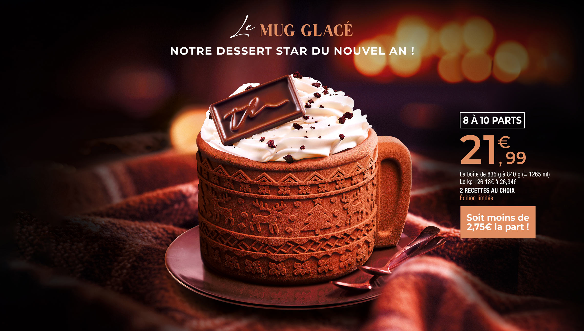En édition limitée, les mugs glacés de Noël, stars gourmandes de la Maison Thiriet à partager en 2 parfums au choix : chocolat, vanille, caramel et framboise, vanille
