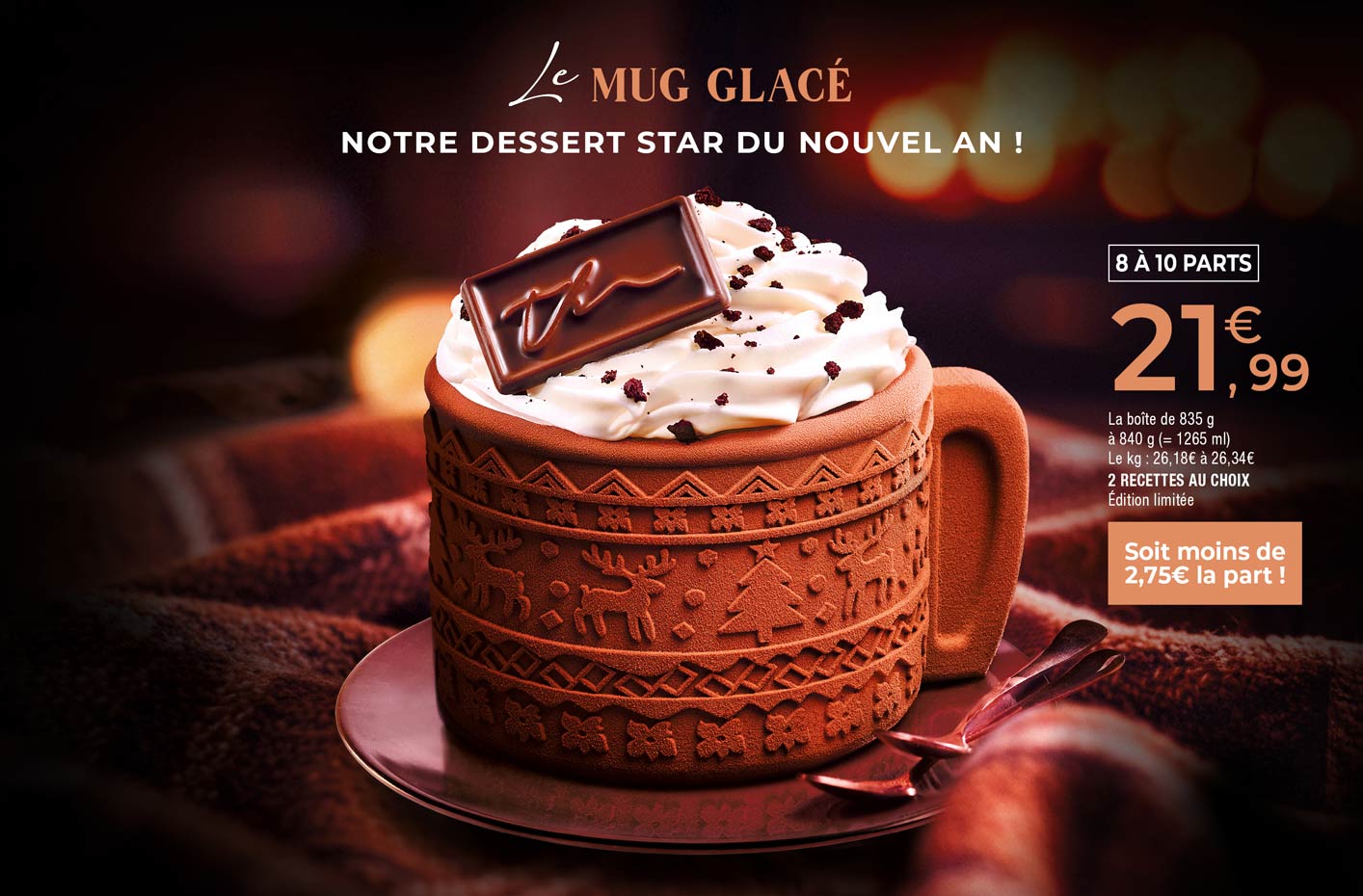 En édition limitée, les mugs glacés de Noël, stars gourmandes de la Maison Thiriet à partager en 2 parfums au choix : chocolat, vanille, caramel et framboise, vanille
