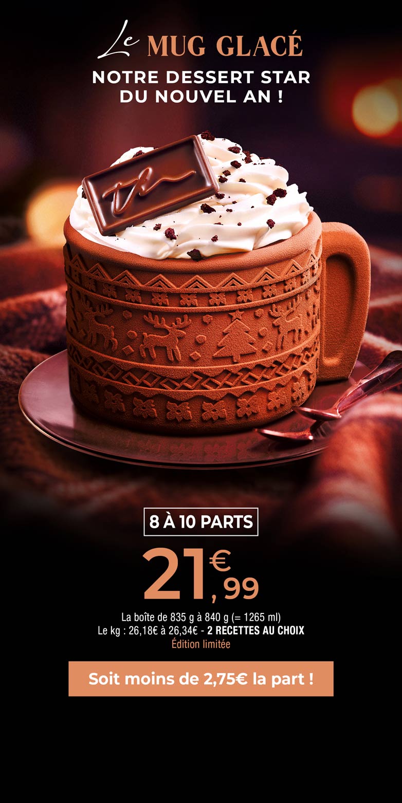 En édition limitée, les mugs glacés de Noël, stars gourmandes de la Maison Thiriet à partager en 2 parfums au choix : chocolat, vanille, caramel et framboise, vanille