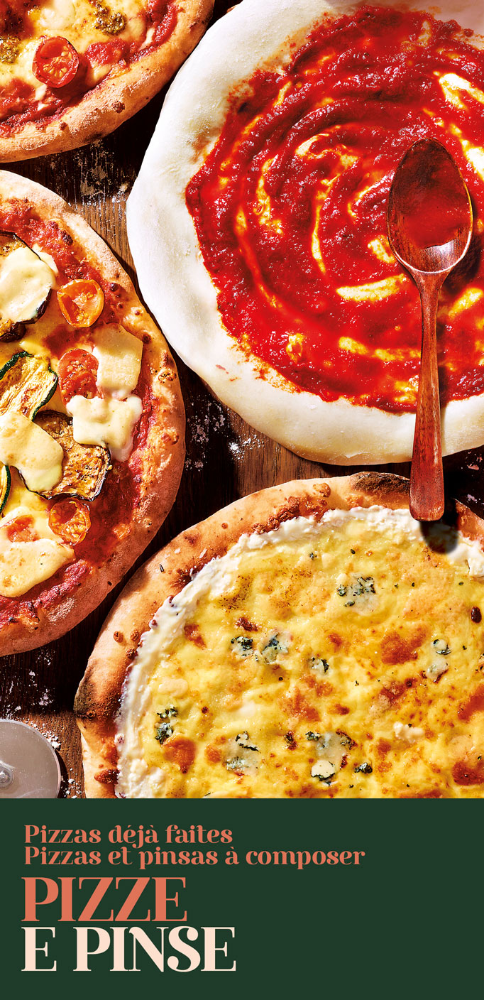 Découvrez la sélection de pizza, à composer ou toute faite, ainsi que notre pinsa à garnir