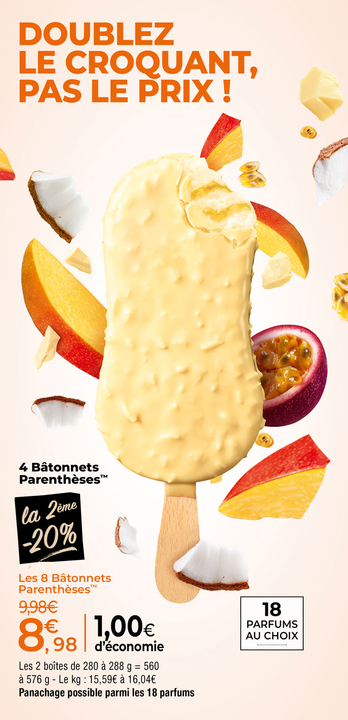 Amateurs de plaisirs glacés, profitez de nos offres du moment et laissez-vous surprendre par les glaces Parenthèses : chocolat blanc, noir, lait… et bien d’autres parfums !