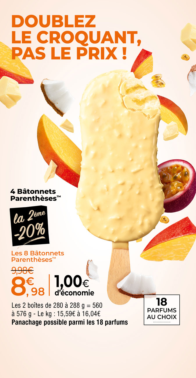 Amateurs de plaisirs glacés, profitez de nos offres du moment et laissez-vous surprendre par les glaces Parenthèses : chocolat blanc, noir, lait… et bien d’autres parfums !