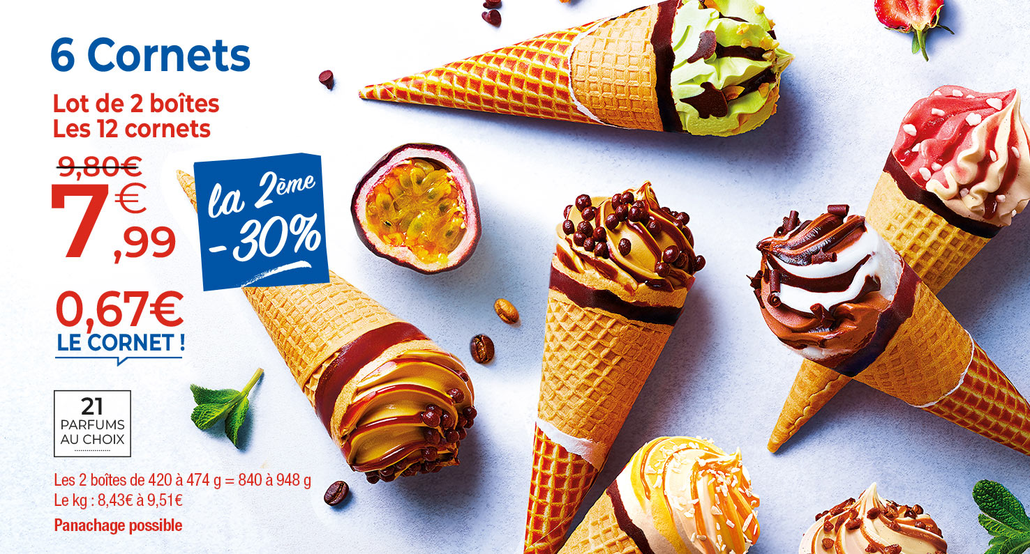 Amateurs de plaisirs glacés, profitez de nos offres du moment et craquez pour nos cornets gourmands : vanille, chocolat, caramel, pistache et bien d’autres saveurs.