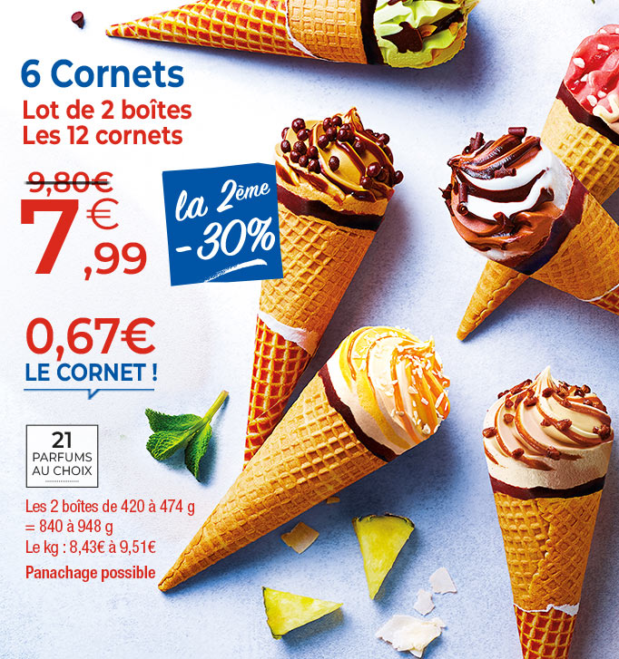 Amateurs de plaisirs glacés, profitez de nos offres du moment et craquez pour nos cornets gourmands : vanille, chocolat, caramel, pistache et bien d’autres saveurs.