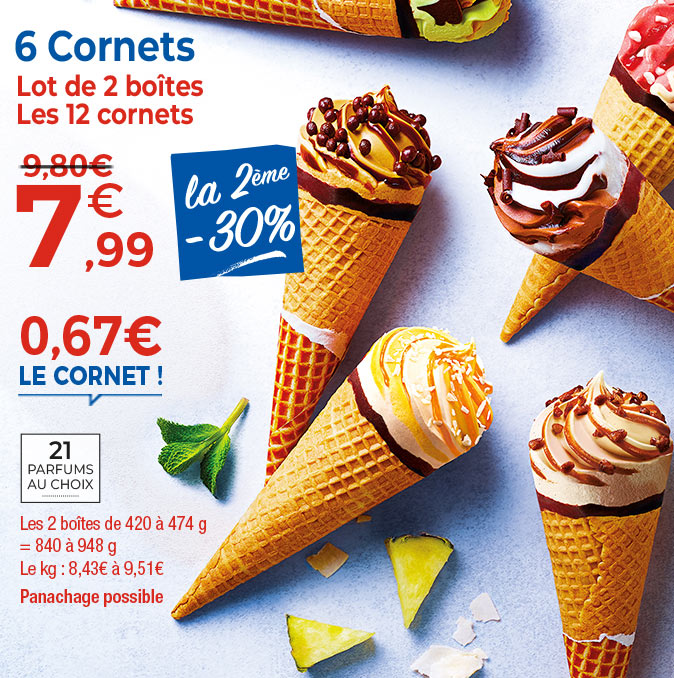 Amateurs de plaisirs glacés, profitez de nos offres du moment et craquez pour nos cornets gourmands : vanille, chocolat, caramel, pistache et bien d’autres saveurs.