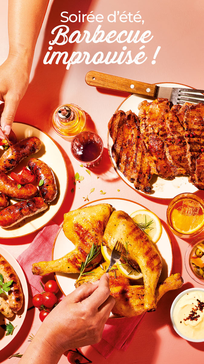 Profitez des soirées d’été avec notre sélection spéciale barbecue improvisé avec les viandes marinées : chipolatas, merguez, ribs, et les poissons : saumon, gambas, et bien plus encore