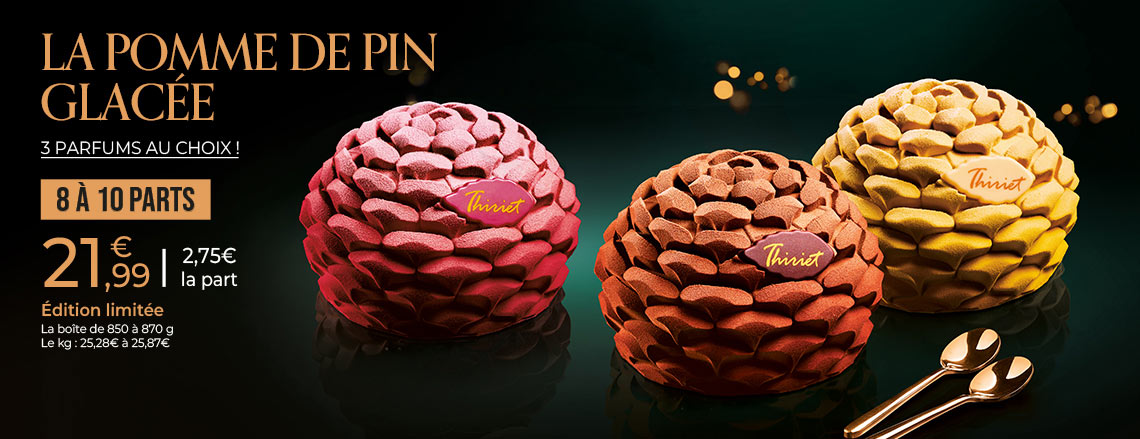 Laissez-vous séduire par nos pommes de pin glacées à partager en édition limitée, déclinées en trois parfums : chocolat, framboise et exotique