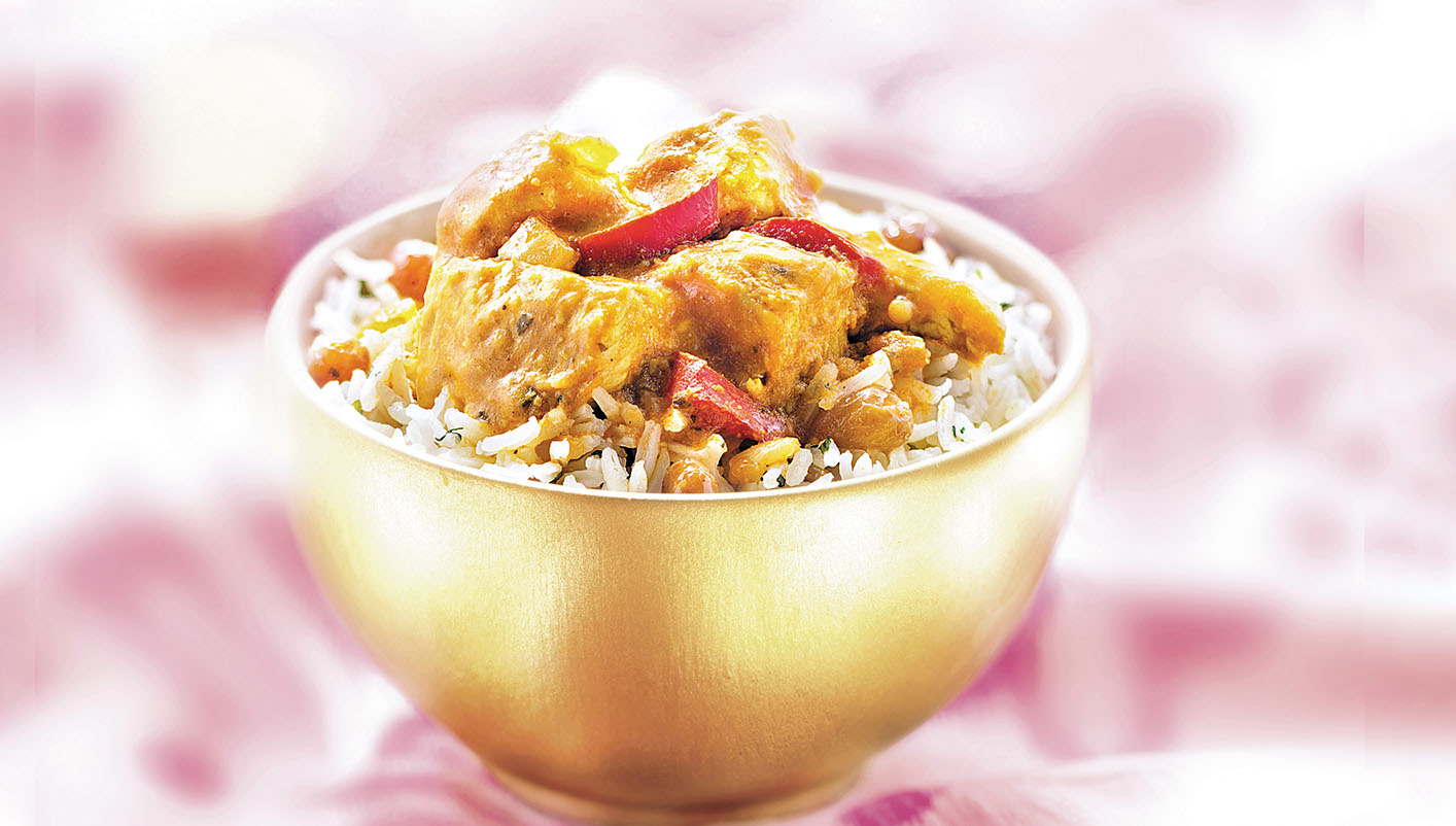 Poulet au curry madras et riz basmati aux raisins