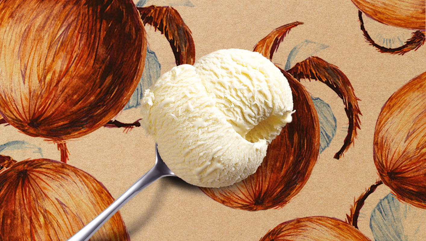 Crème glacée noix de coco et morceaux de noix de coco râpée