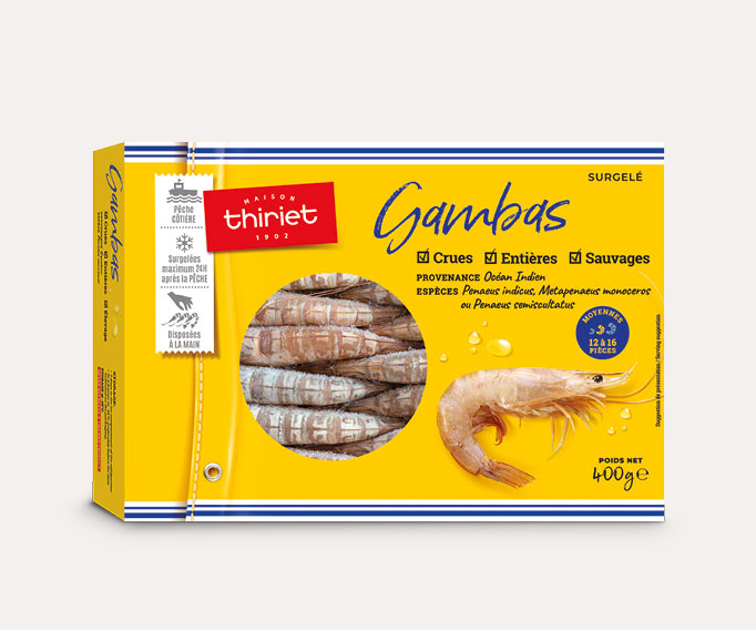 Gambas sauvages entières crues surgelé, gamme Poissons, fruits de mer