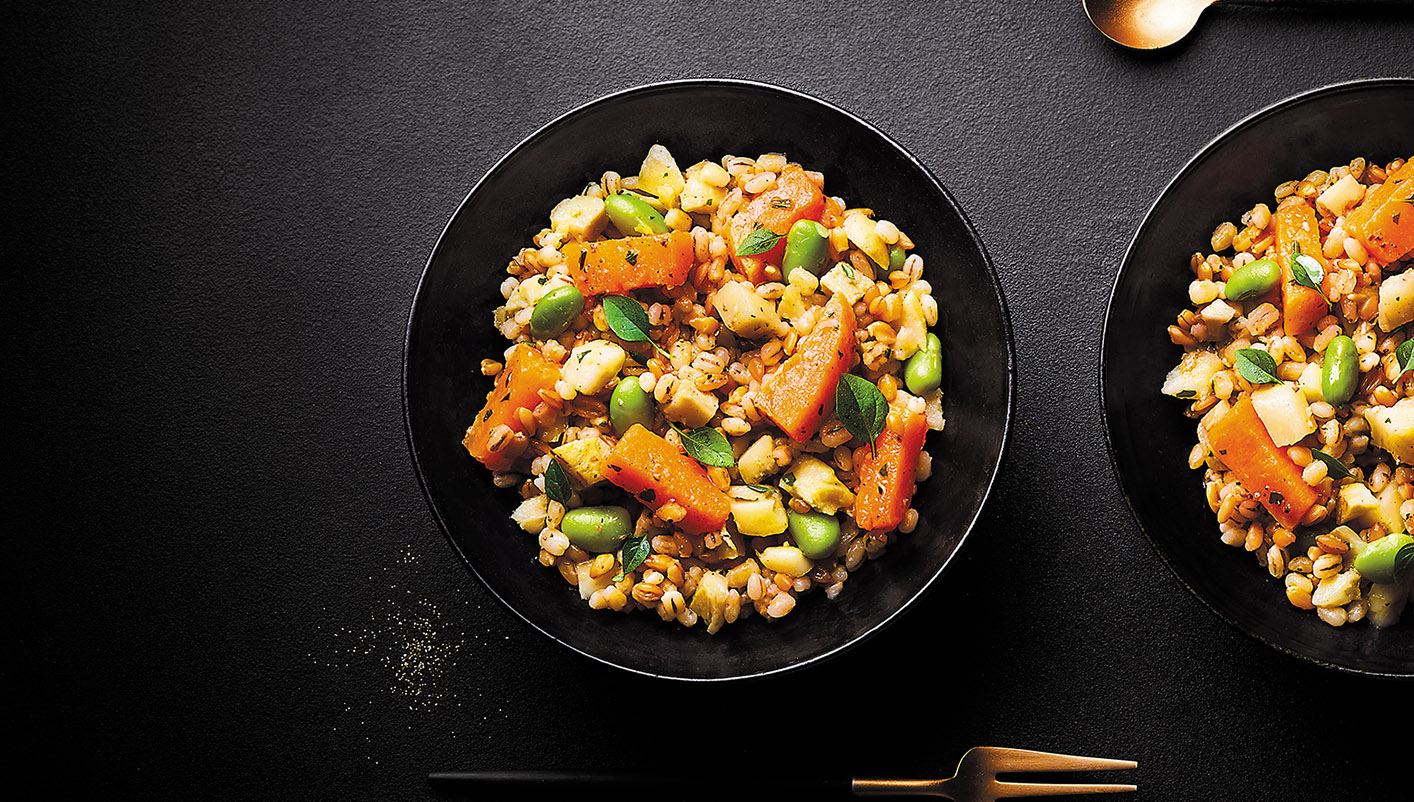 Poêlée cuisinée aux céréales, artichauts et butternut