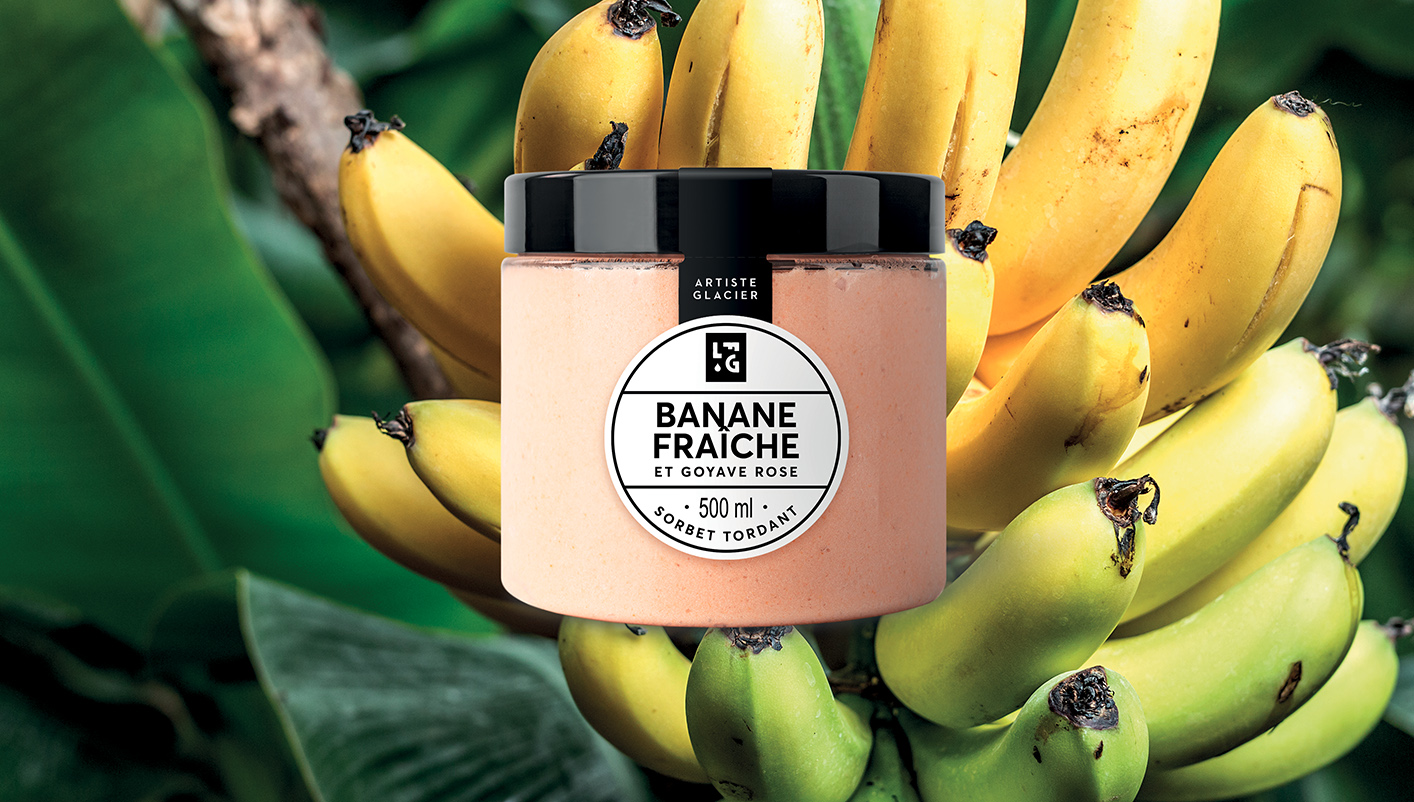 Sorbet plein fruit artisanal banane fraîche et goyave rose