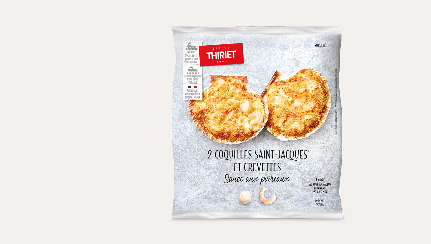 2 coquilles St-Jacques et crevette, poireaux Le 2ème à -40%