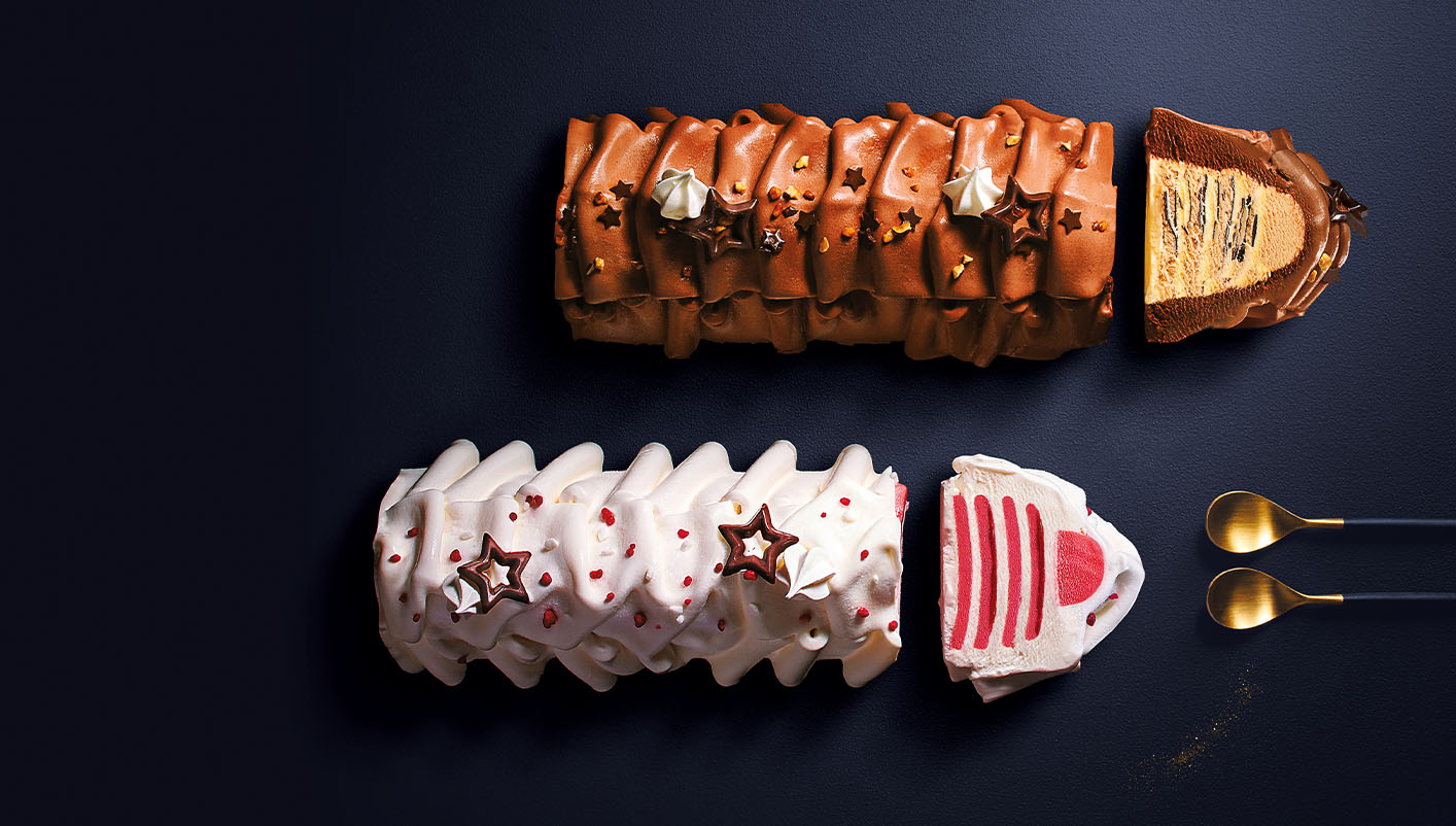 Bûche feuilletée chocolat/praliné/vanille
