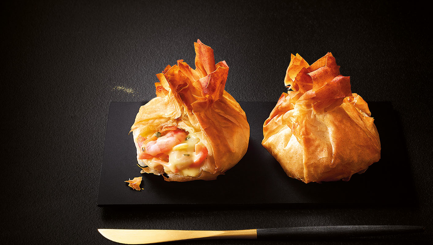 2 Aumonières aux noix de Saint-Jacques* et crevettes