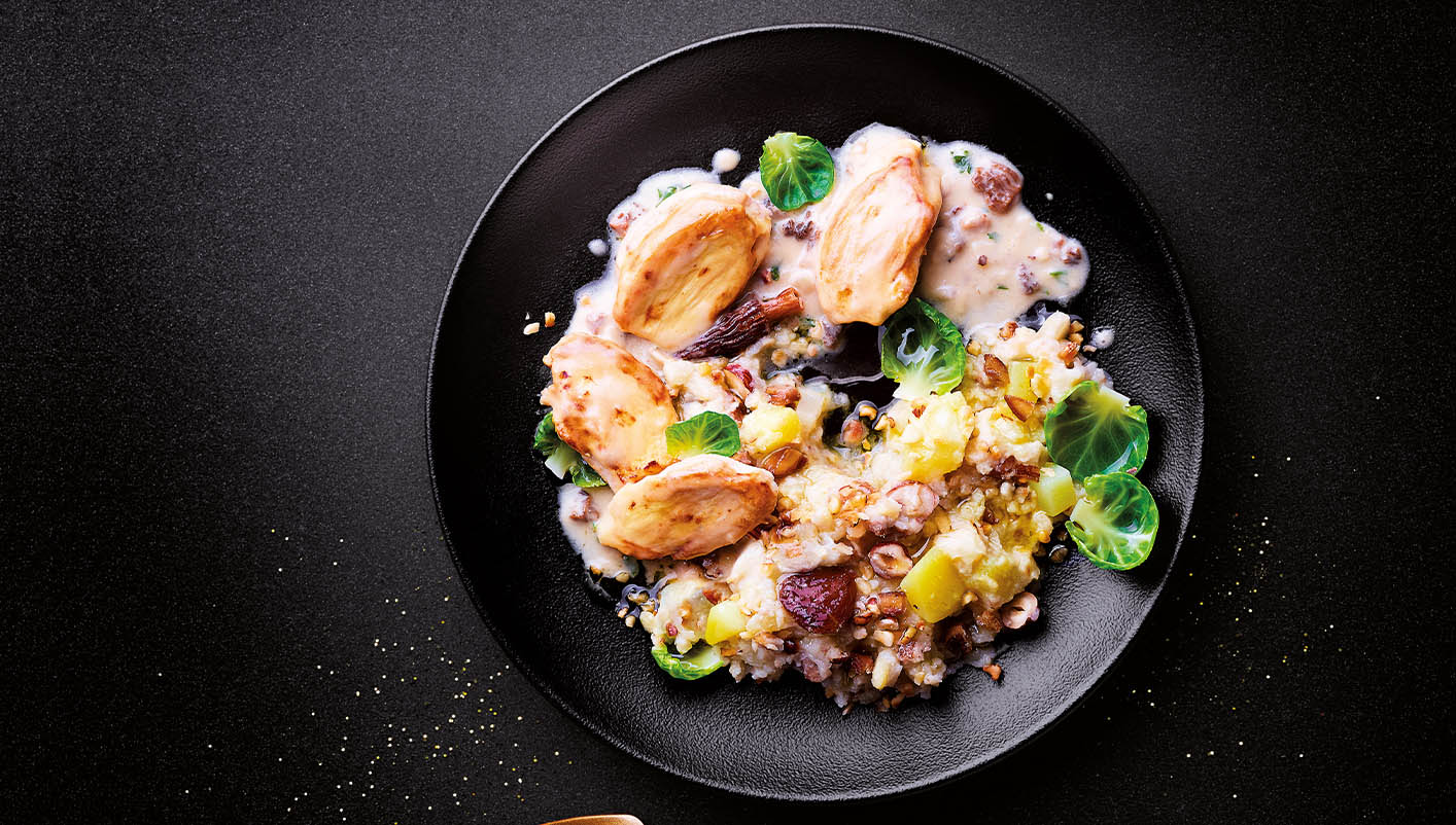 Chapon sauce vin jaune et morilles écrasé de pommes de terre