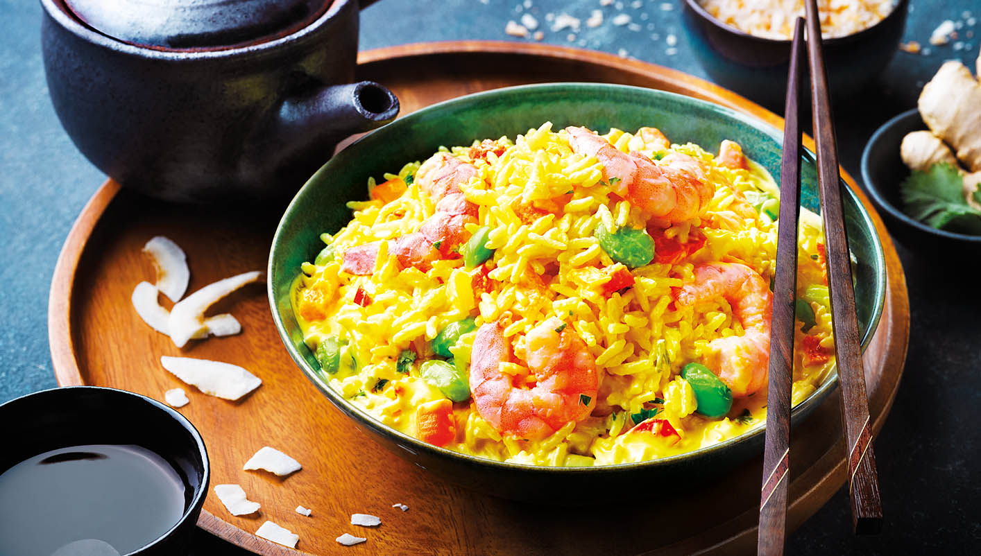 Riz aux crevettes et sauce à la crème de coco
