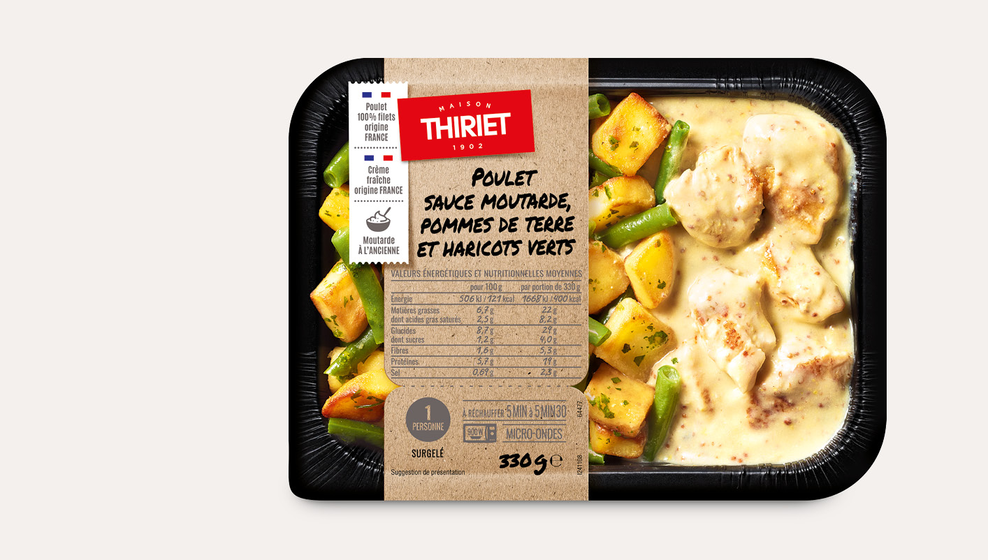 Poulet sauce moutarde, pommes de terre et haricots verts