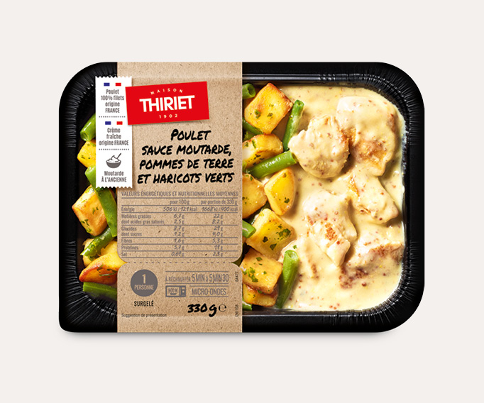 Poulet sauce moutarde, pommes de terre et haricots verts