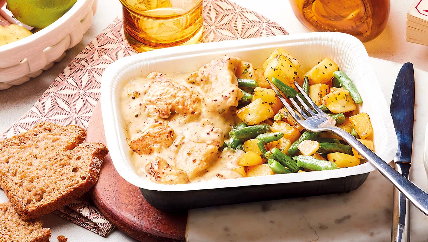 Poulet sauce moutarde, pommes de terre et haricots verts
