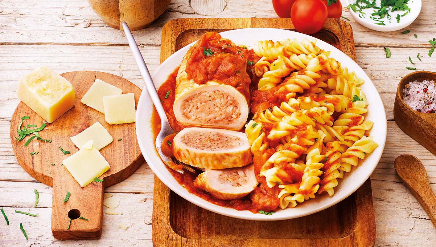 Paupiette de dinde, sauce tomate et fusilli