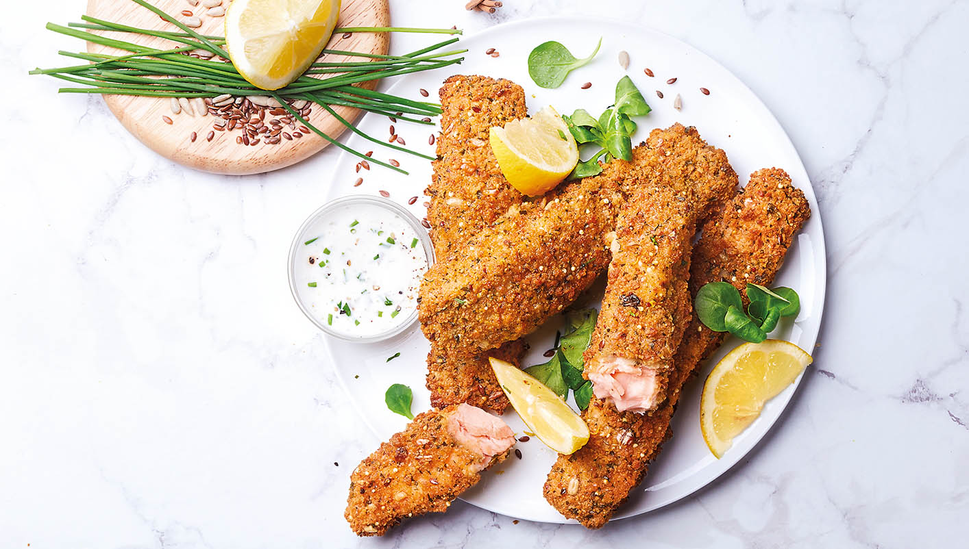 Filets de saumon panés, panure céréales et graines