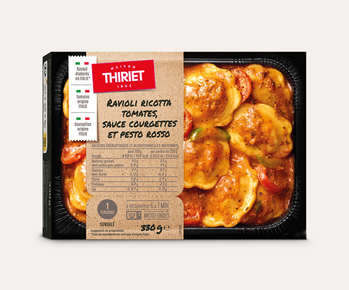 Ravioli ricotta tomates, sauce courgettes et pesto rosso