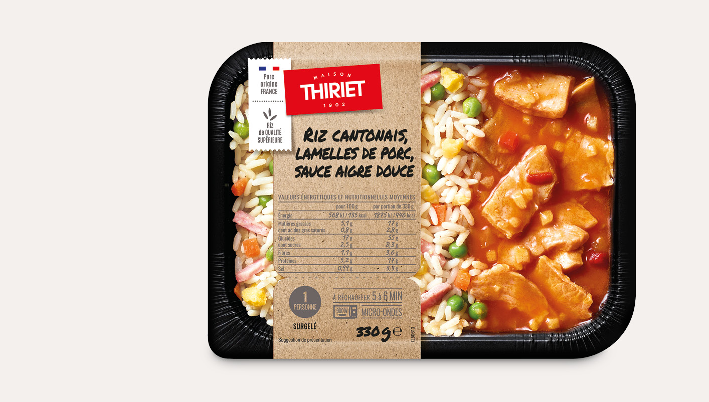 Riz cantonais, lamelles de porc, sauce aigre douce