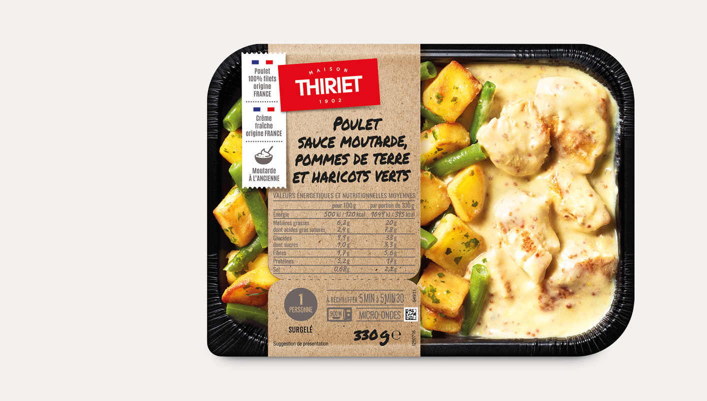 Poulet sauce moutarde, pommes de terre et haricots verts
