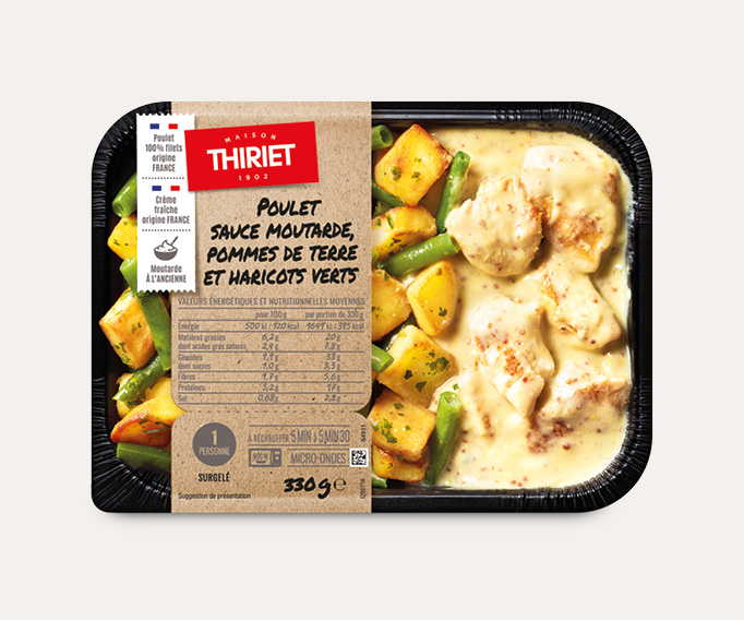 Poulet sauce moutarde, pommes de terre et haricots verts