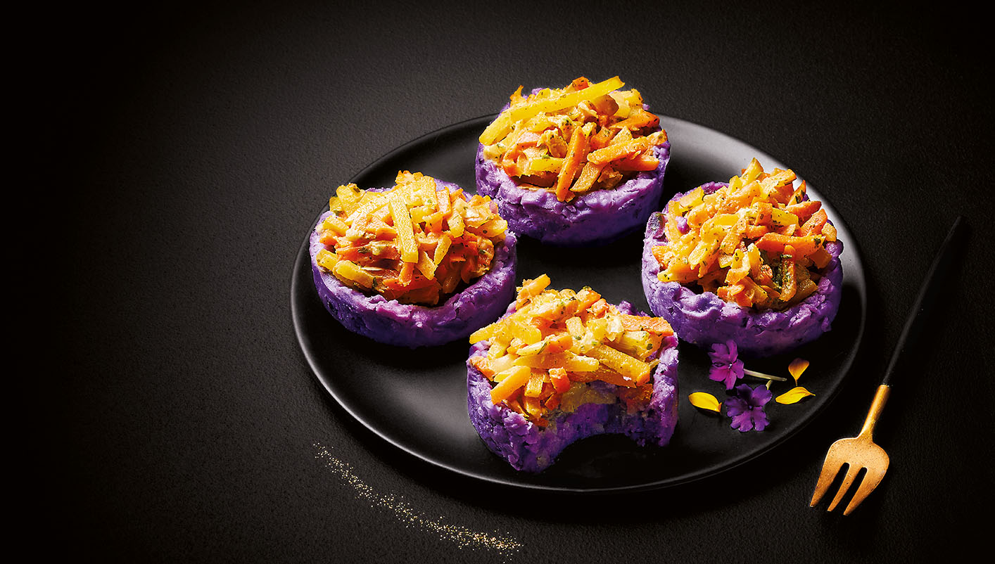 4 fondants de pommes de terre vitelotte, duo de carottes