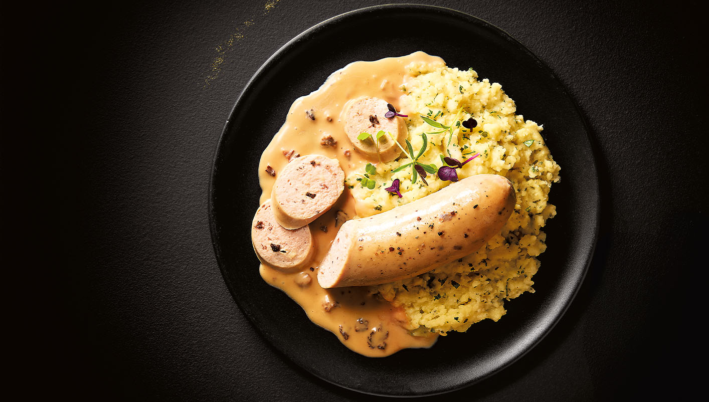 Boudin blanc et sauce aux morilles, écrasé de pomme de terre