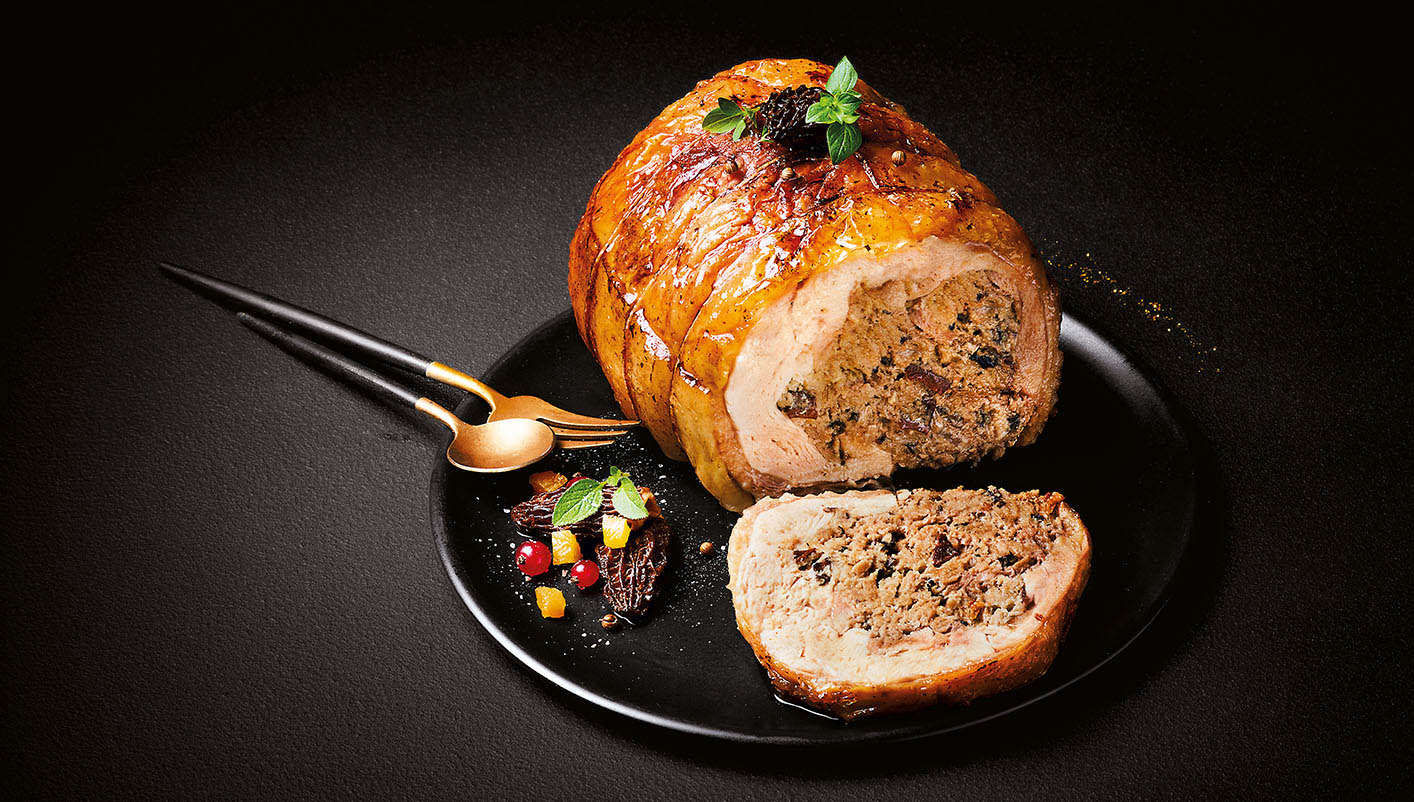 Rôti de chapon farci, farce morilles/Armagnac