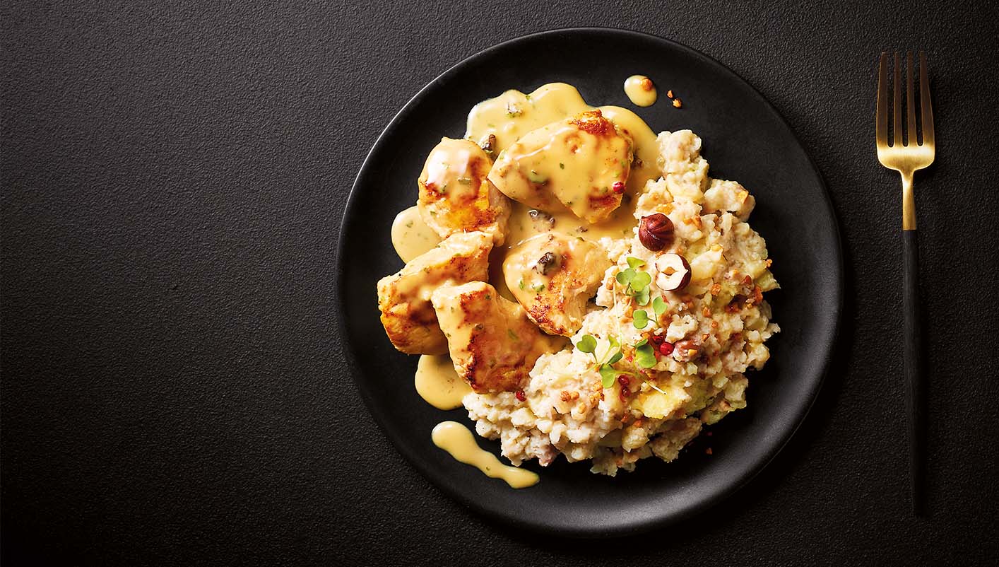 Chapon sauce vin jaune et morilles écrasé de pommes de terre