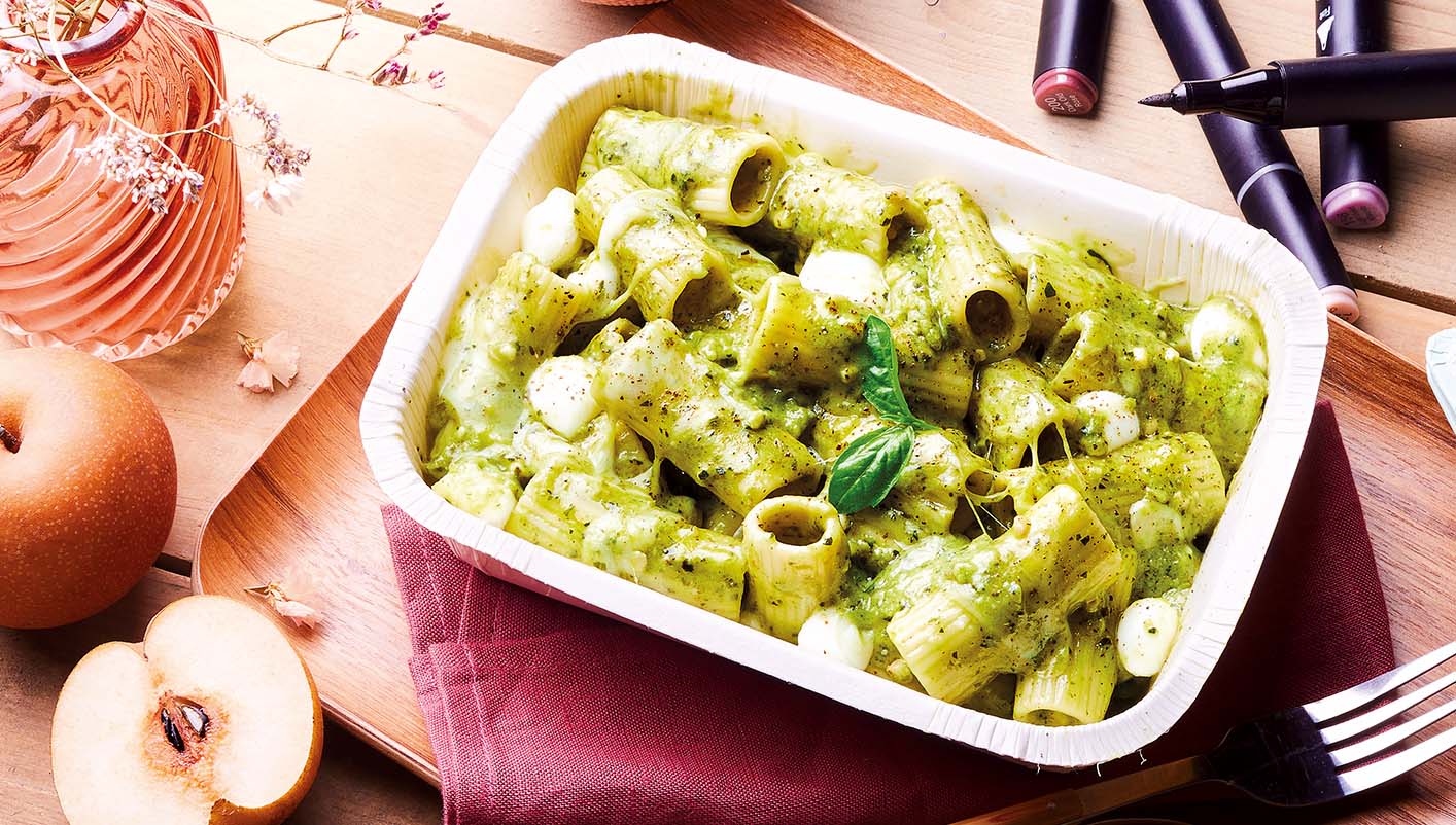 Rigatoni pesto et mozzarella au lait de bufflonne
