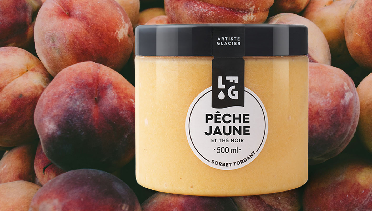 Sorbet plein fruit artisanal pêche jaune et thé noir