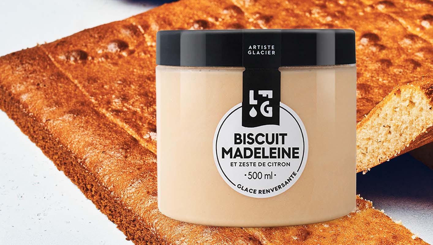 Crème glacée artisanale biscuit madeleine et zeste de citron