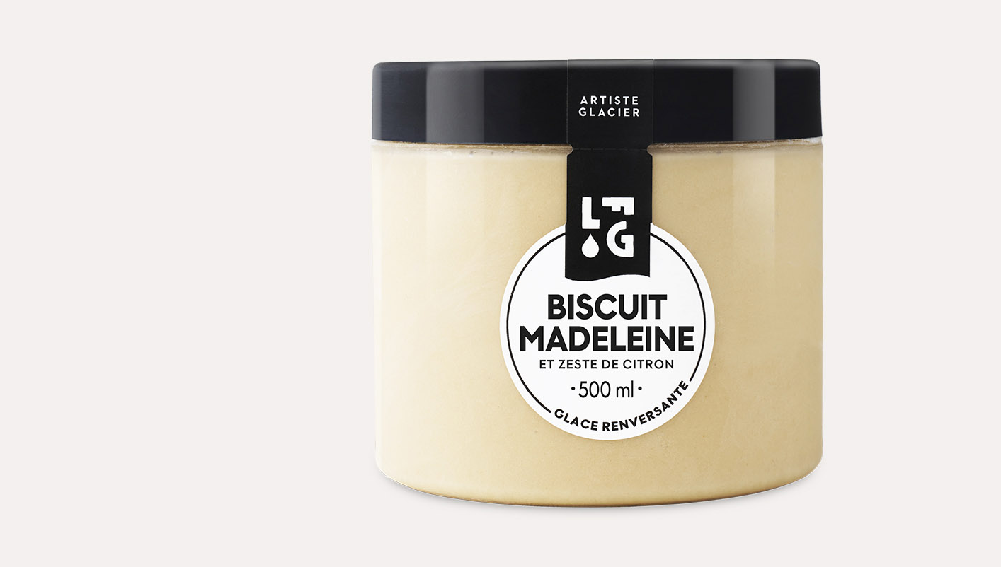 Crème glacée artisanale biscuit madeleine et zeste de citron