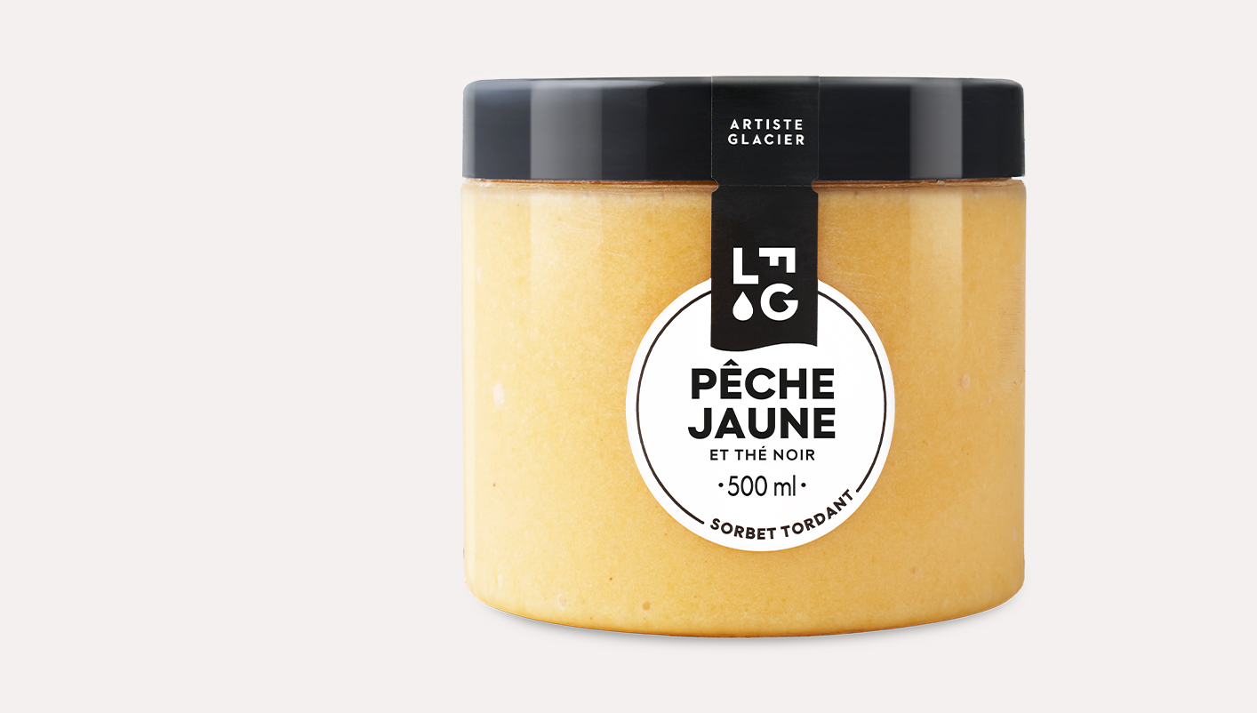 Sorbet plein fruit artisanal pêche jaune et thé noir