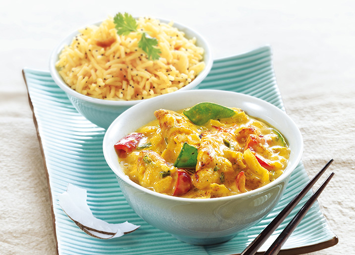 Poulet, sauce au lait de coco/curry et riz basmati surgelé, gamme
